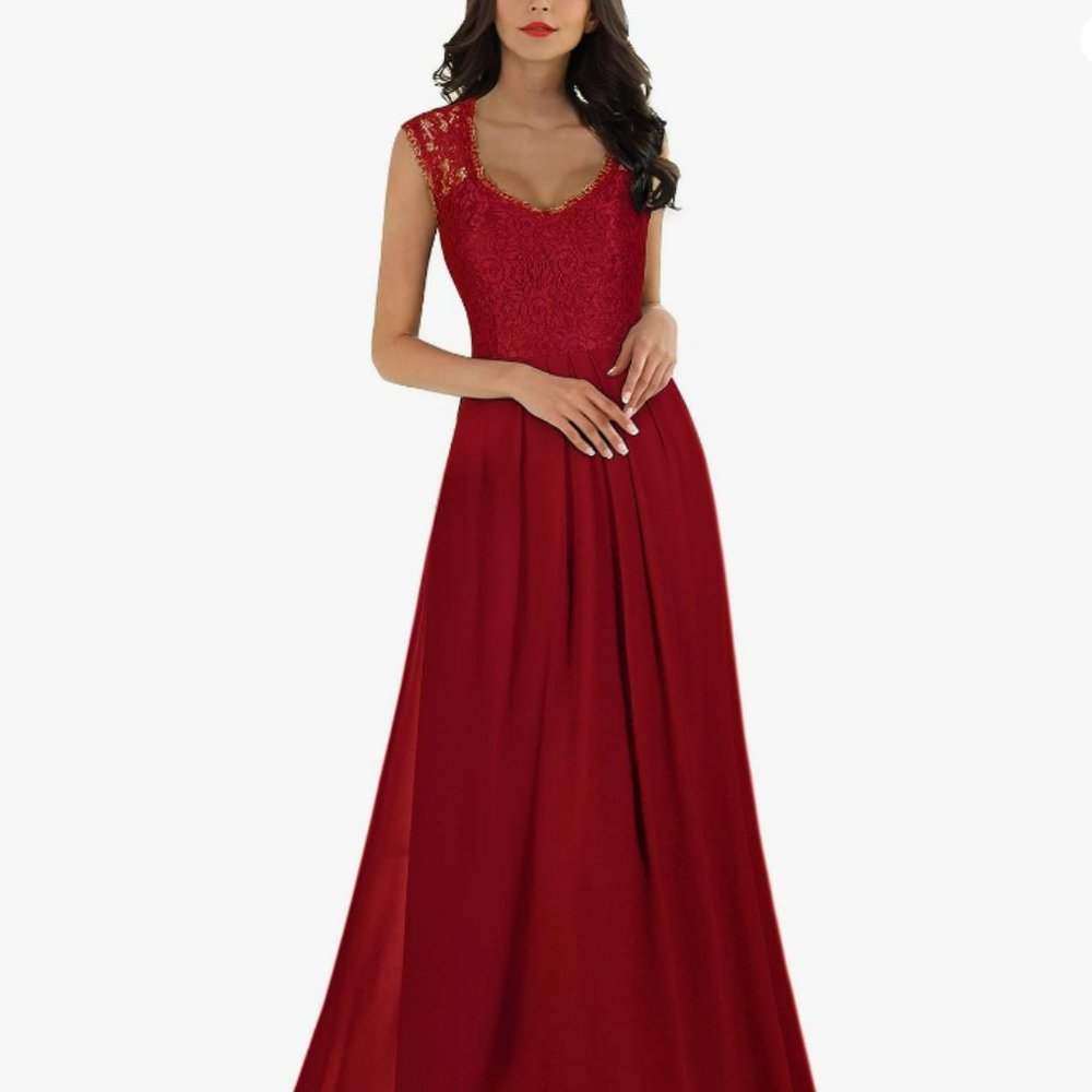 Miusol Women's Casual Deep- V Neck Sleeveless Vintage Wedding Maxi Dress Red L